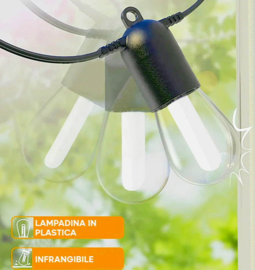 Catena solare LED 10m – 10 lampade calde, IP44, 8 modalità - ambraled
