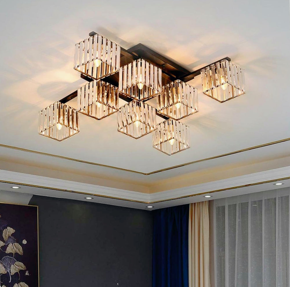 Plafoniera Contemporanea 8 Cubi in Vetro – Design in Metallo Nero con Base E27 - ambraled