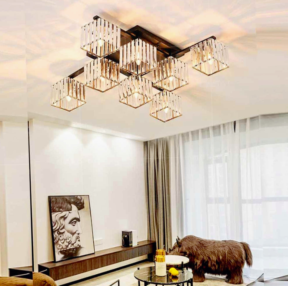 Plafoniera Contemporanea 8 Cubi in Vetro – Design in Metallo Nero con Base E27 - ambraled