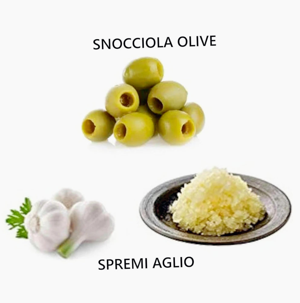 Spremiaglio “Schiacchiaglio” in acciaio – Funzione multiuso: aglio, olive e ciliegie