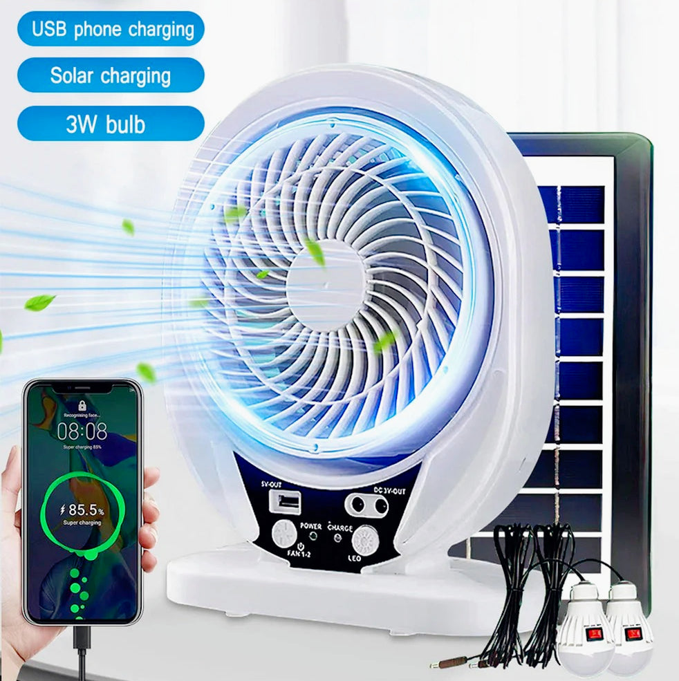Ventilatore con pannello solare 2 velocità – Ricaricabile con Power Bank, dotato di lampadine integrate