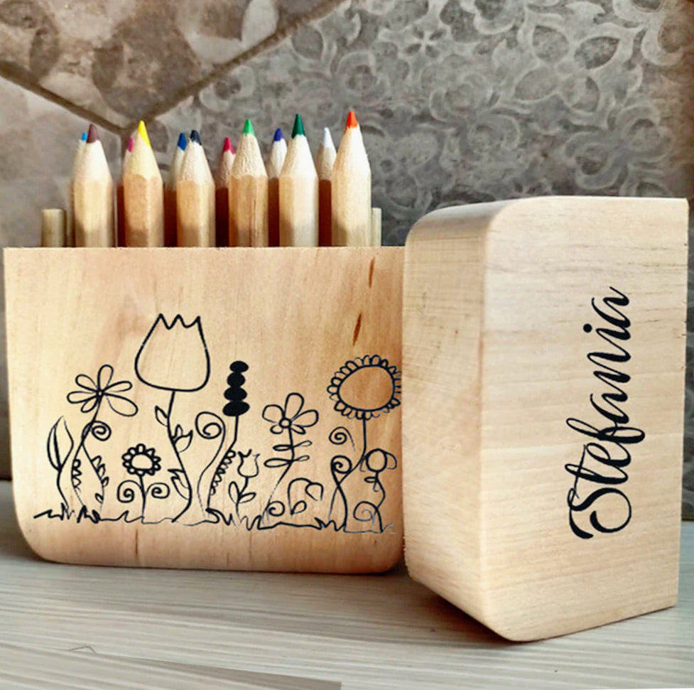 Astuccio legno 12 pastelli colorati temperamatite da decoupage - ambraled