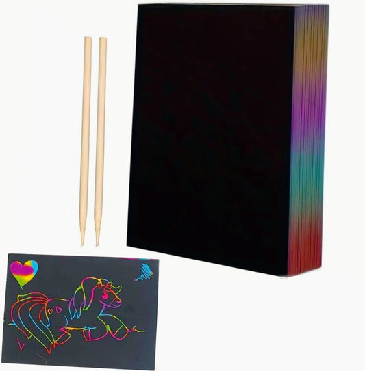 50 Fogli Neri da Grattare Multicolore A4 con 2 Bastoncini di Legno per Bambini - ambraled