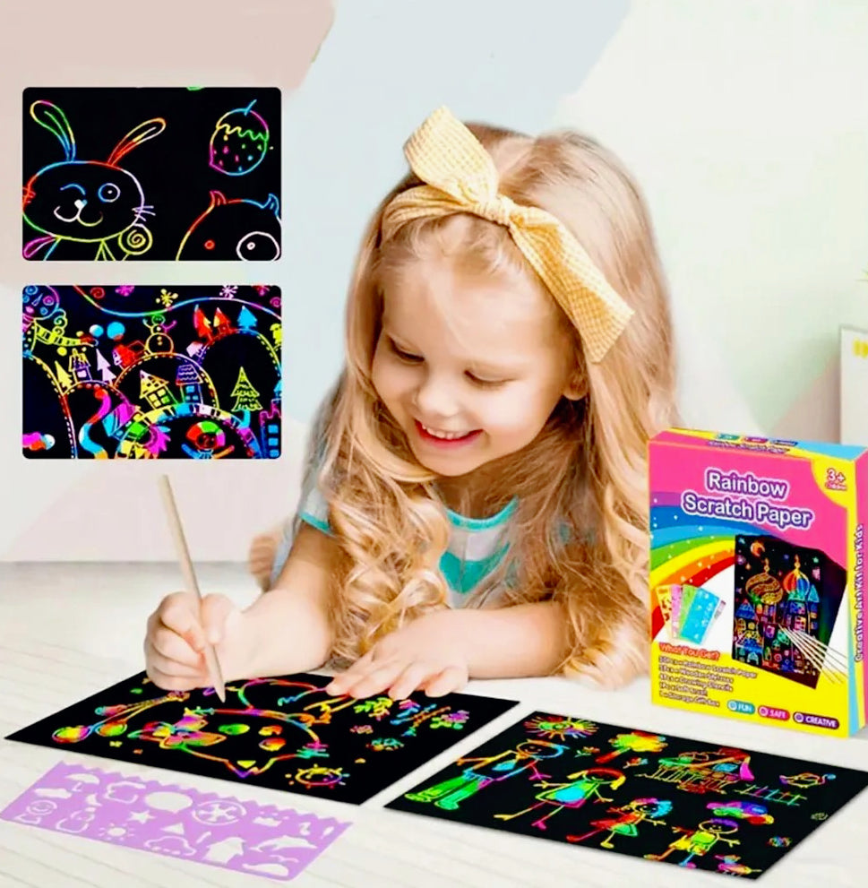 50 Fogli Neri da Grattare Multicolore A4 con 2 Bastoncini di Legno per Bambini - ambraled