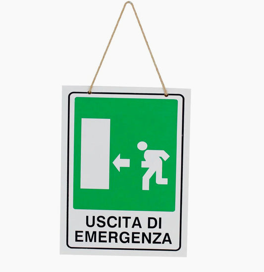 Cartello "Uscita Emergenza Sinistra" legno 20x30cm con corda - ambraled
