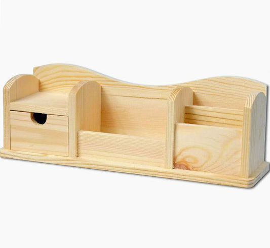 Portapenne in legno grezzo – 4 scomparti e 1 cassetto per decoupage - ambraled