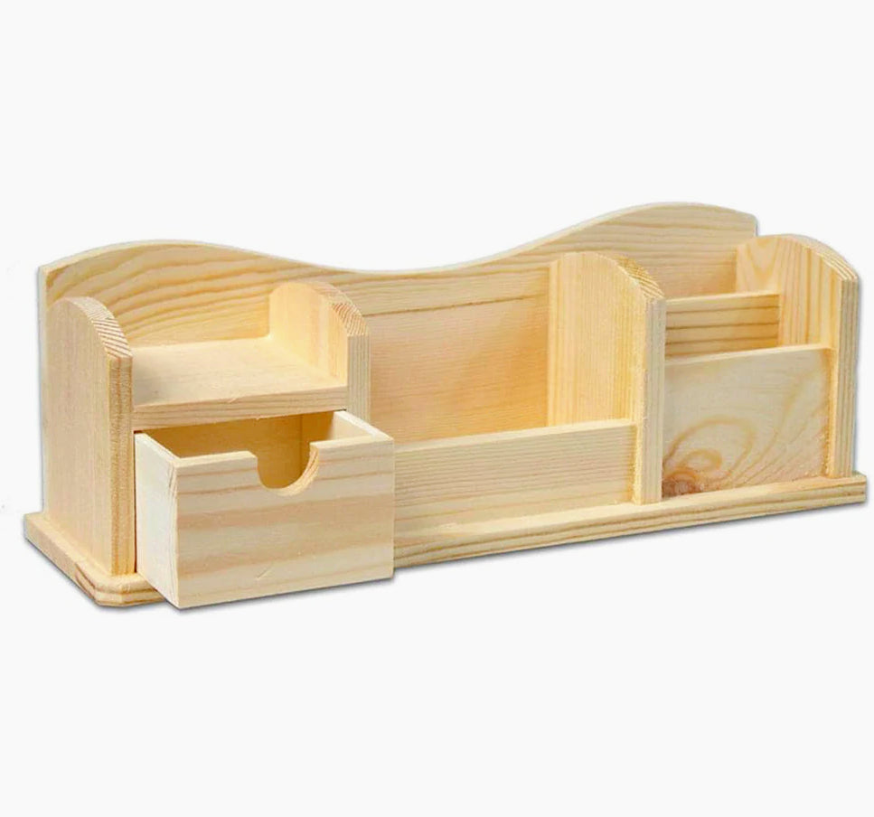Portapenne in legno grezzo – 4 scomparti e 1 cassetto per decoupage - ambraled