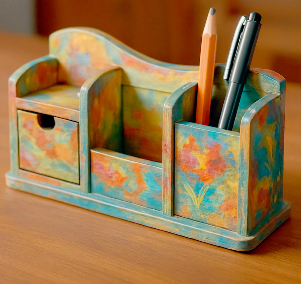 Portapenne in legno grezzo – 4 scomparti e 1 cassetto per decoupage - ambraled