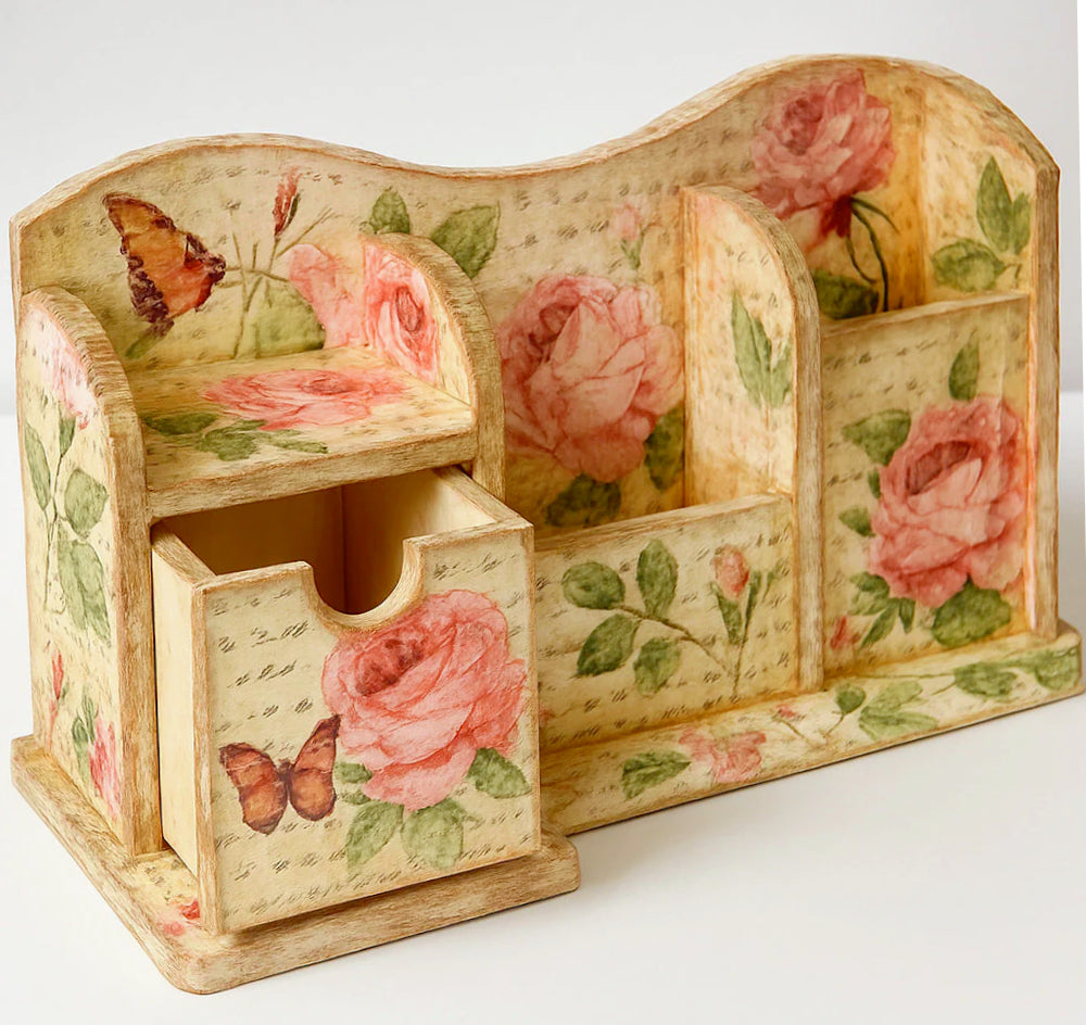 Portapenne in legno grezzo – 4 scomparti e 1 cassetto per decoupage - ambraled