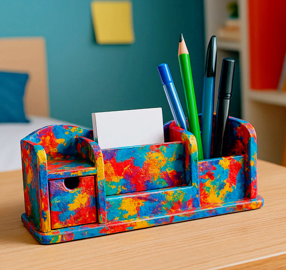 Portapenne in legno grezzo – 4 scomparti e 1 cassetto per decoupage - ambraled
