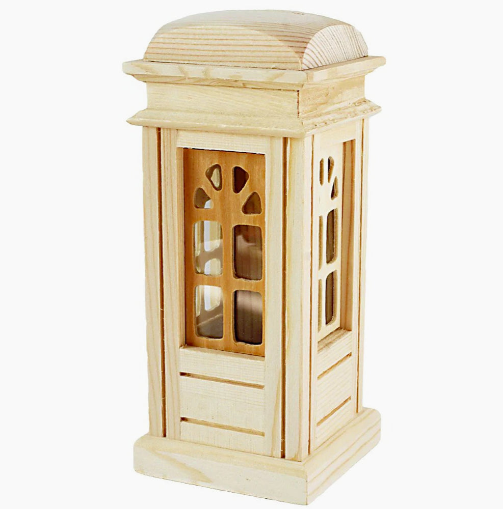 Salvadanaio a forma di cabina telefonica in legno, decorabile con decoupage, dotato di tappo in gomma - ambraled