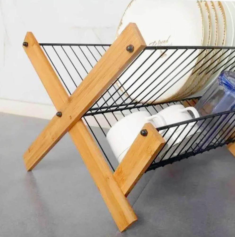 Scolapiatti pieghevole in metallo e legno 2 ripiani - ambraled