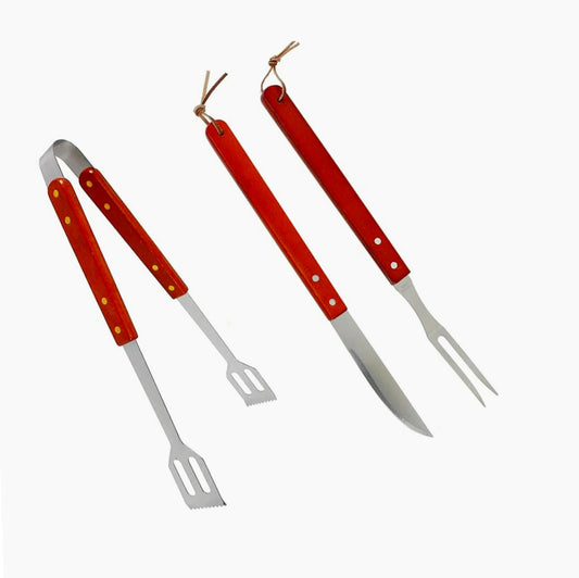 Set barbecue in acciaio con pinza, coltello e forchetta, manico legno - ambraled