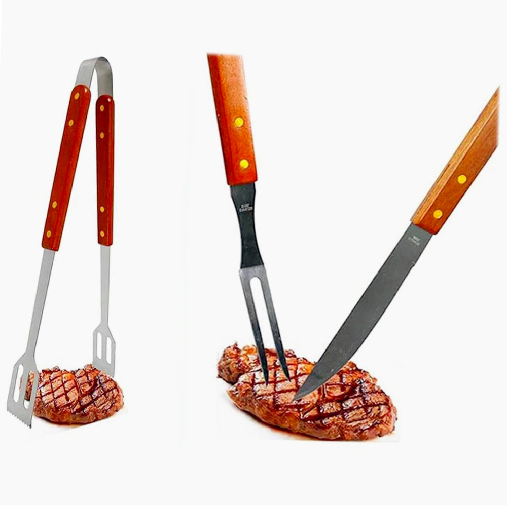 Set barbecue in acciaio con pinza, coltello e forchetta, manico legno - ambraled