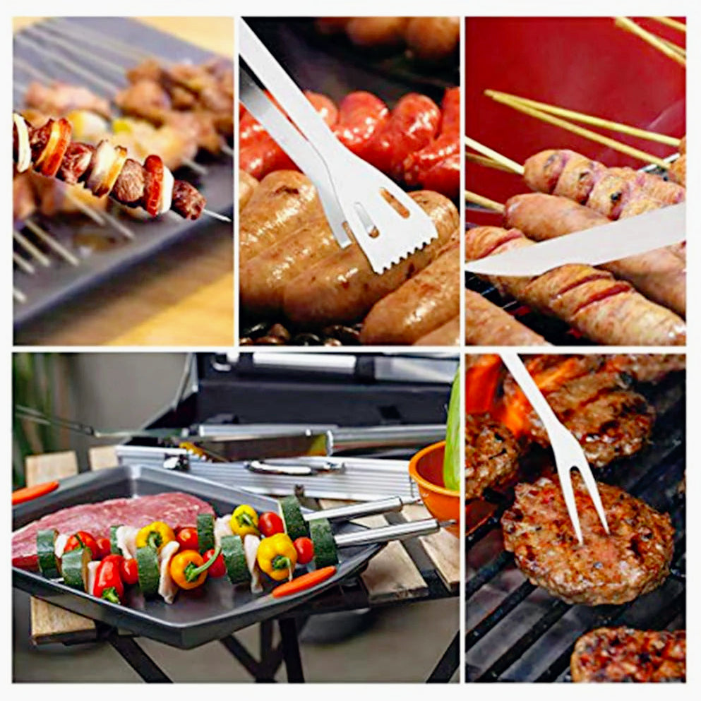 Set barbecue in acciaio con pinza, coltello e forchetta, manico legno - ambraled