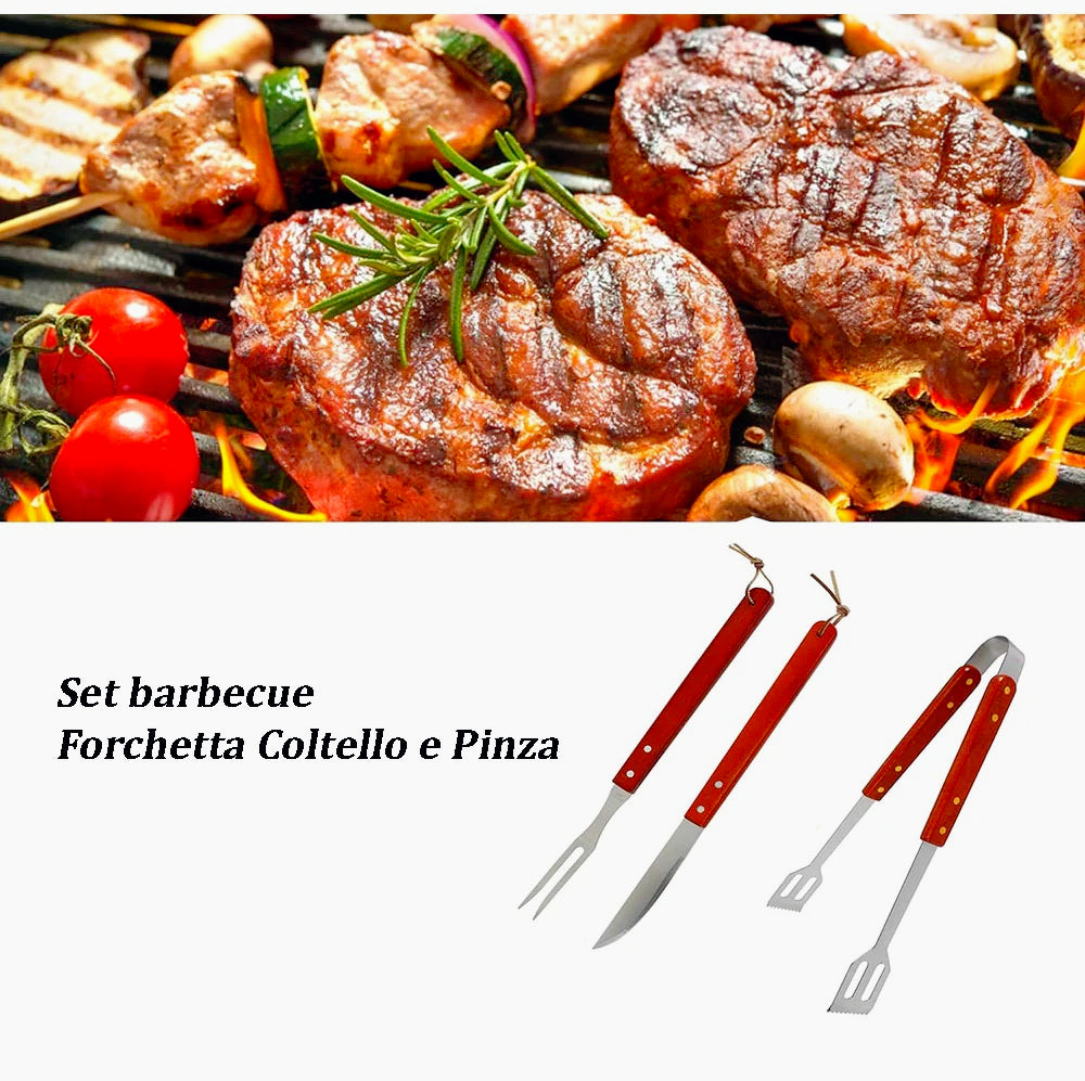 Set barbecue in acciaio con pinza, coltello e forchetta, manico legno - ambraled