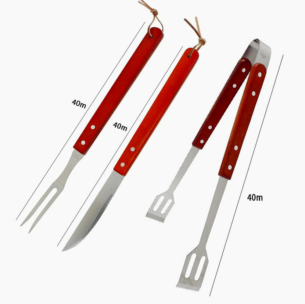 Set barbecue in acciaio con pinza, coltello e forchetta, manico legno - ambraled