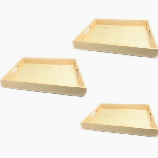 Set 3 vassoi in legno grezzo rettangolari con manici, per decoupage - ambraled