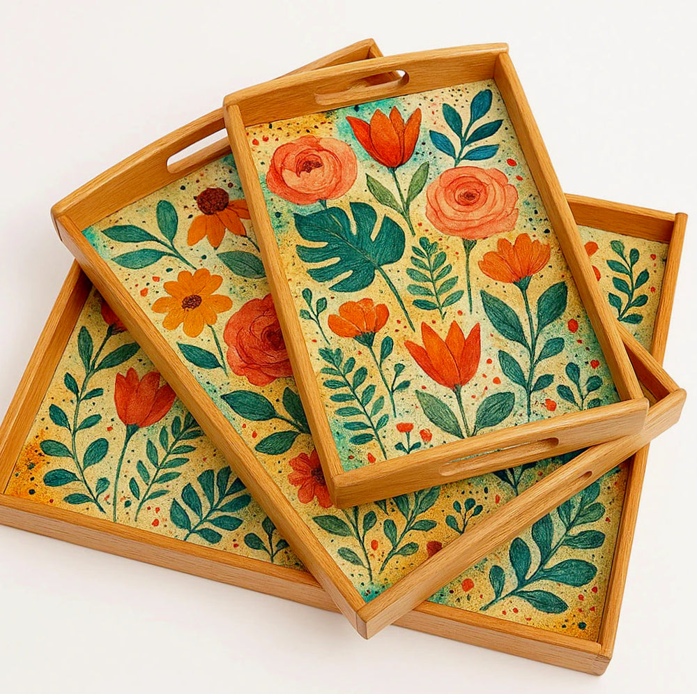 Set 3 vassoi in legno grezzo rettangolari con manici, per decoupage - ambraled