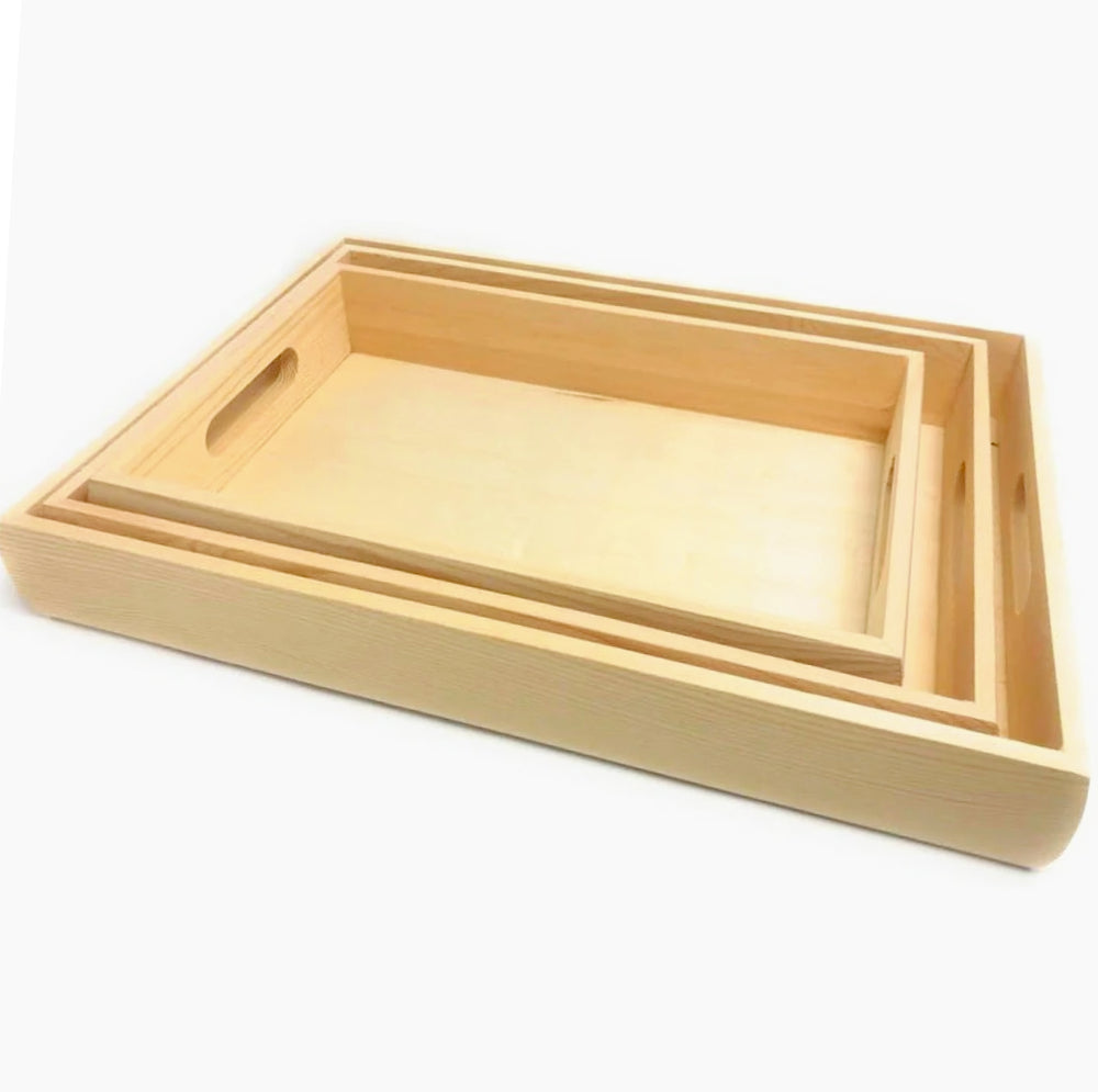 Set 3 vassoi in legno grezzo rettangolari con manici, per decoupage - ambraled