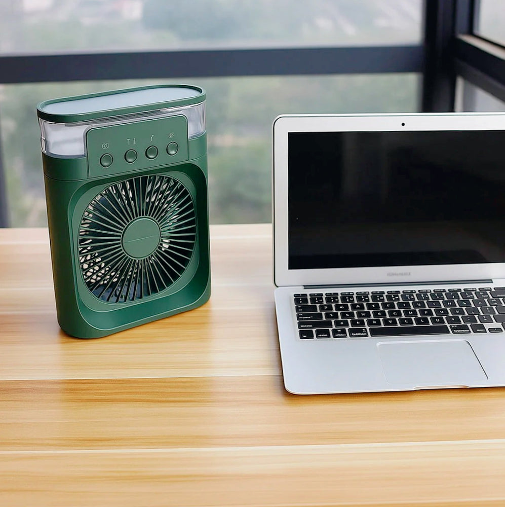 Ventilatore 3 velocità con vaporizzatore profumatore e luci LED – Multifunzione per freschezza, aroma e atmosfera