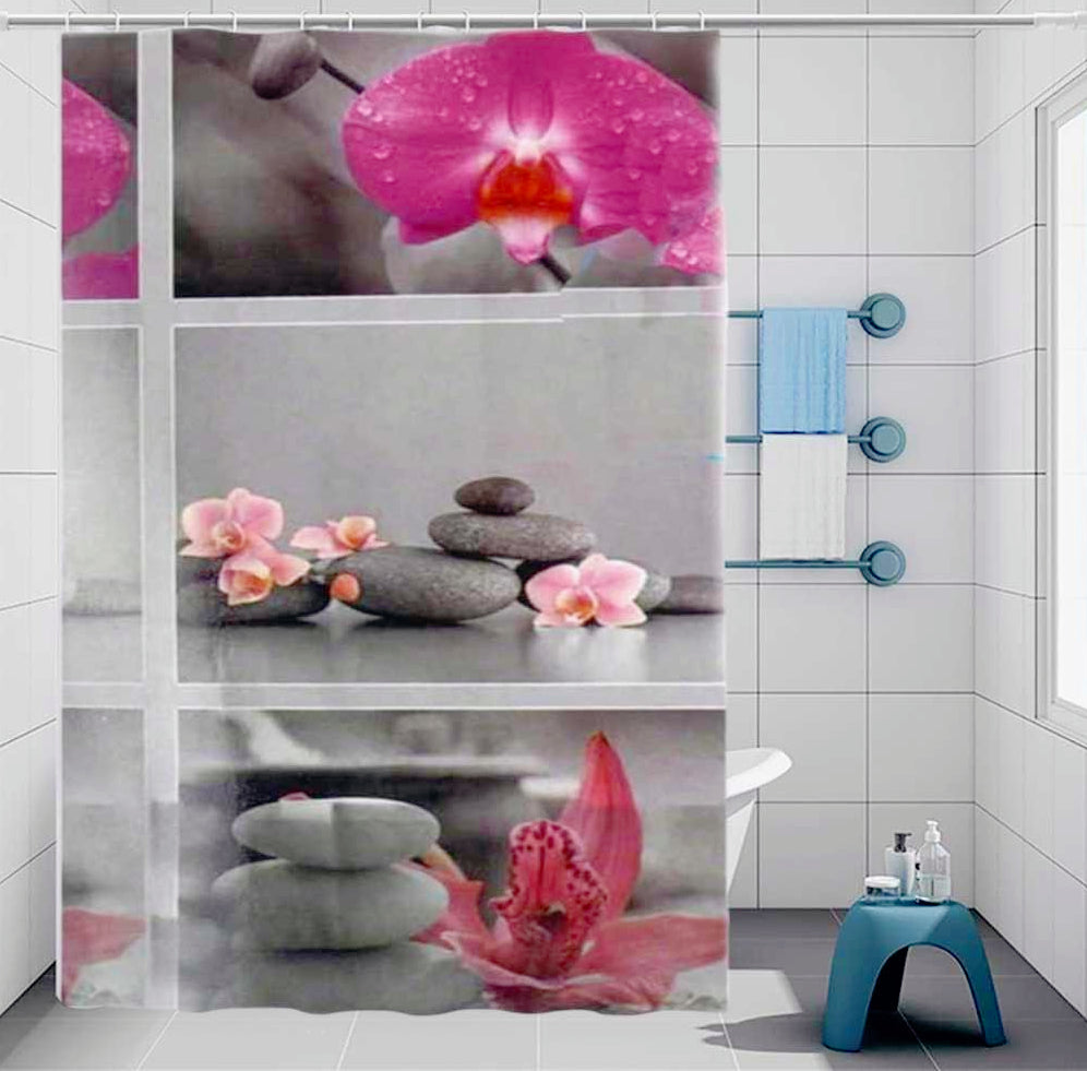 Tenda da doccia impermeabile in PVC – 180×180 cm, 12 ganci, motivo sassi e fiori