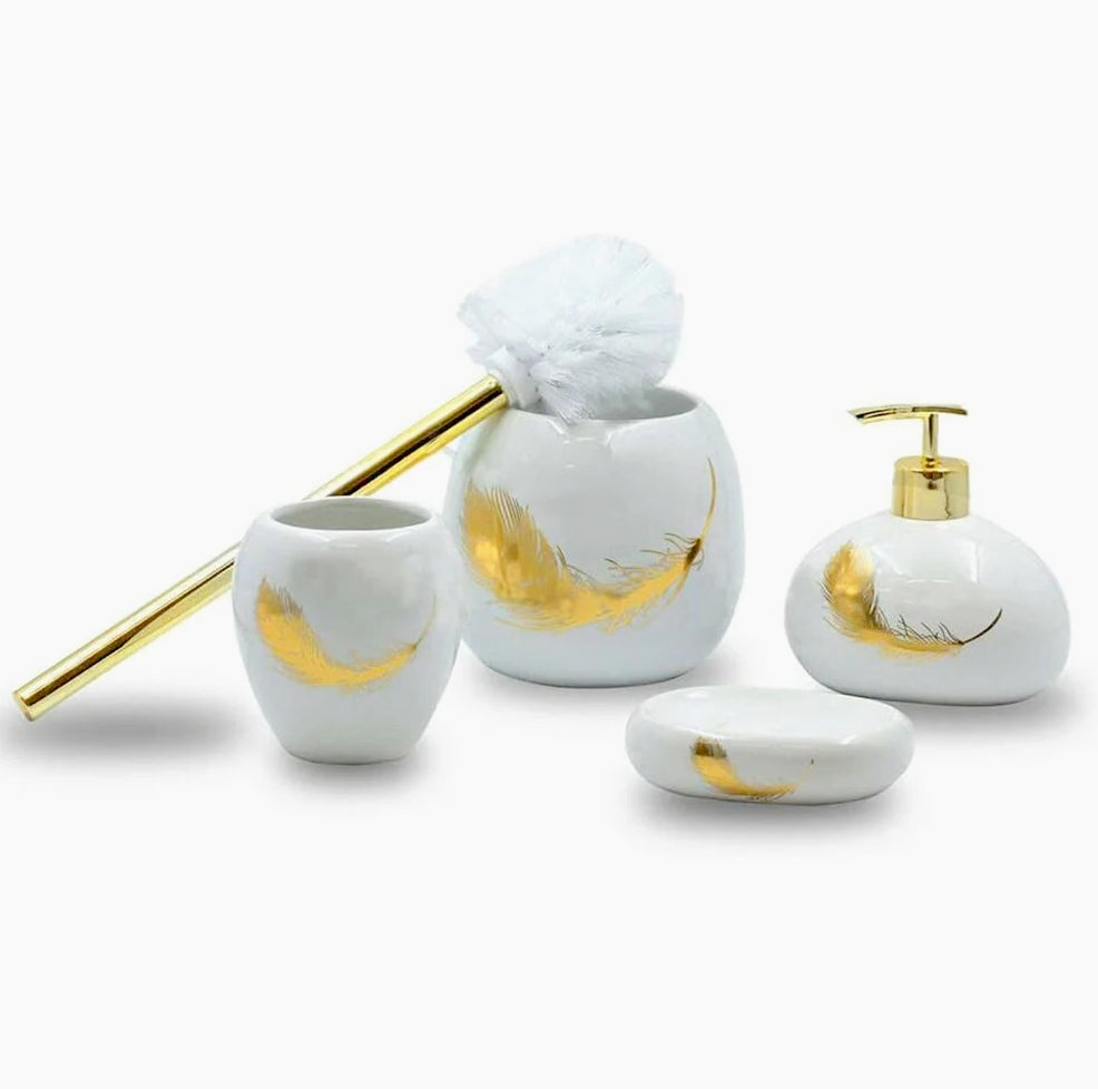 Accessori Bagno Oro – Dispenser Sapone, Portabicchieri e Scopino Piuma - ambraled
