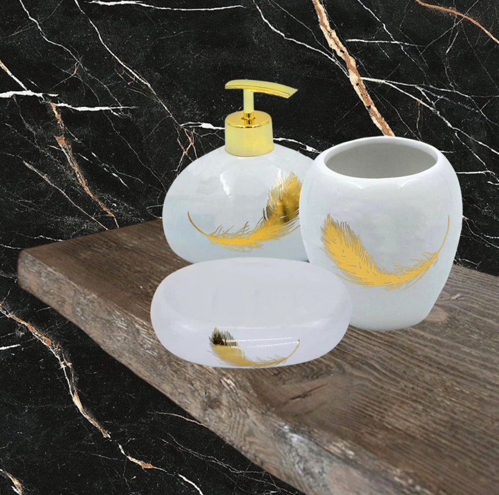 Accessori Bagno Oro – Dispenser Sapone, Portabicchieri e Scopino Piuma - ambraled