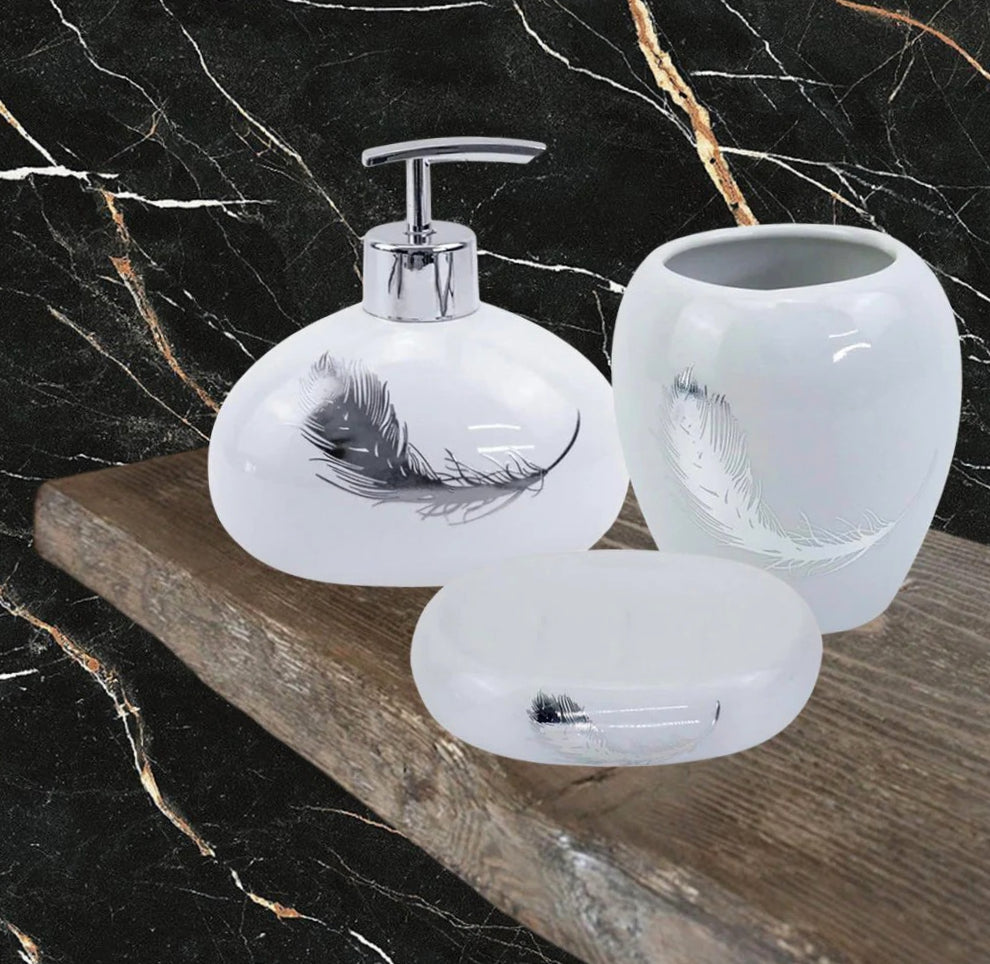 Accessori Bagno Argento – Dispenser Sapone, Portabicchieri e Scopino Piuma - ambraled
