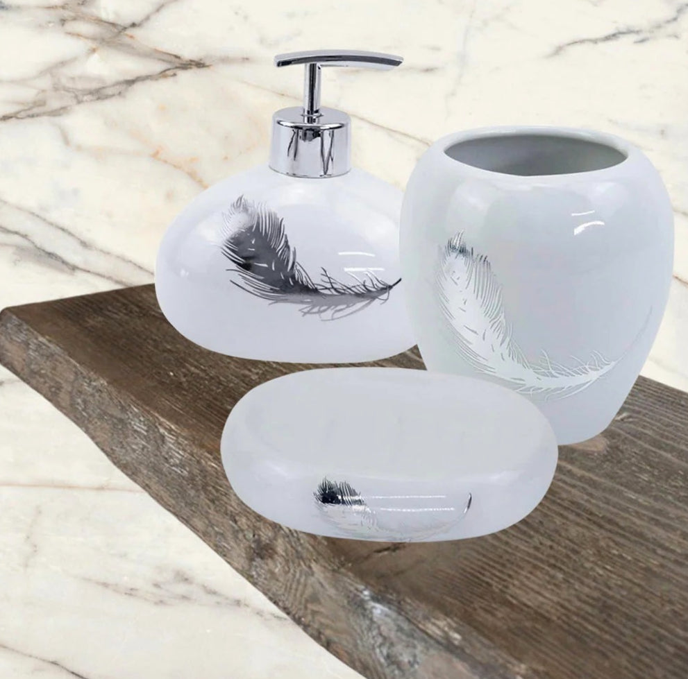 Accessori Bagno Argento – Dispenser Sapone, Portabicchieri e Scopino Piuma - ambraled