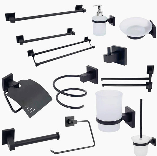 Accessori Bagno Nero Acciaio – Portasciugamani, Sapone, Phone e Scopino - ambraled