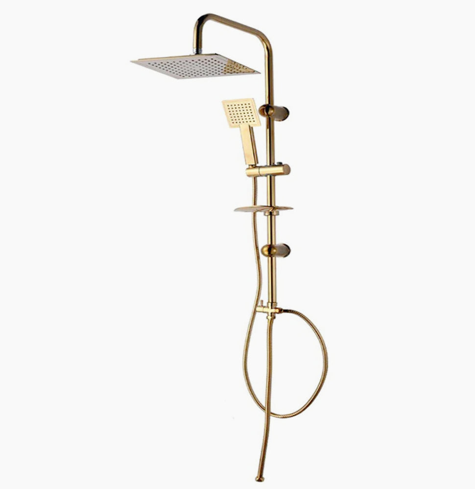 Colonna doccia saliscendi – soffione quadrato e portasapone oro - ambraled