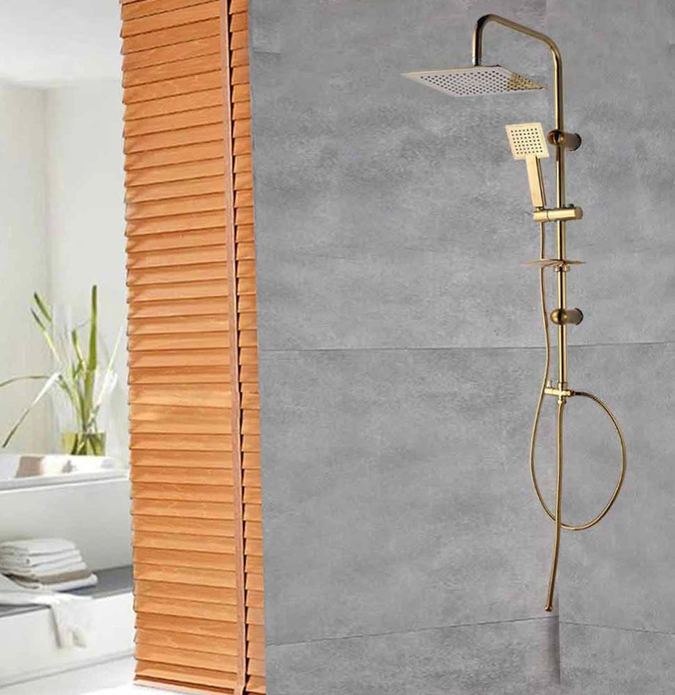 Colonna doccia saliscendi – soffione quadrato e portasapone oro - ambraled