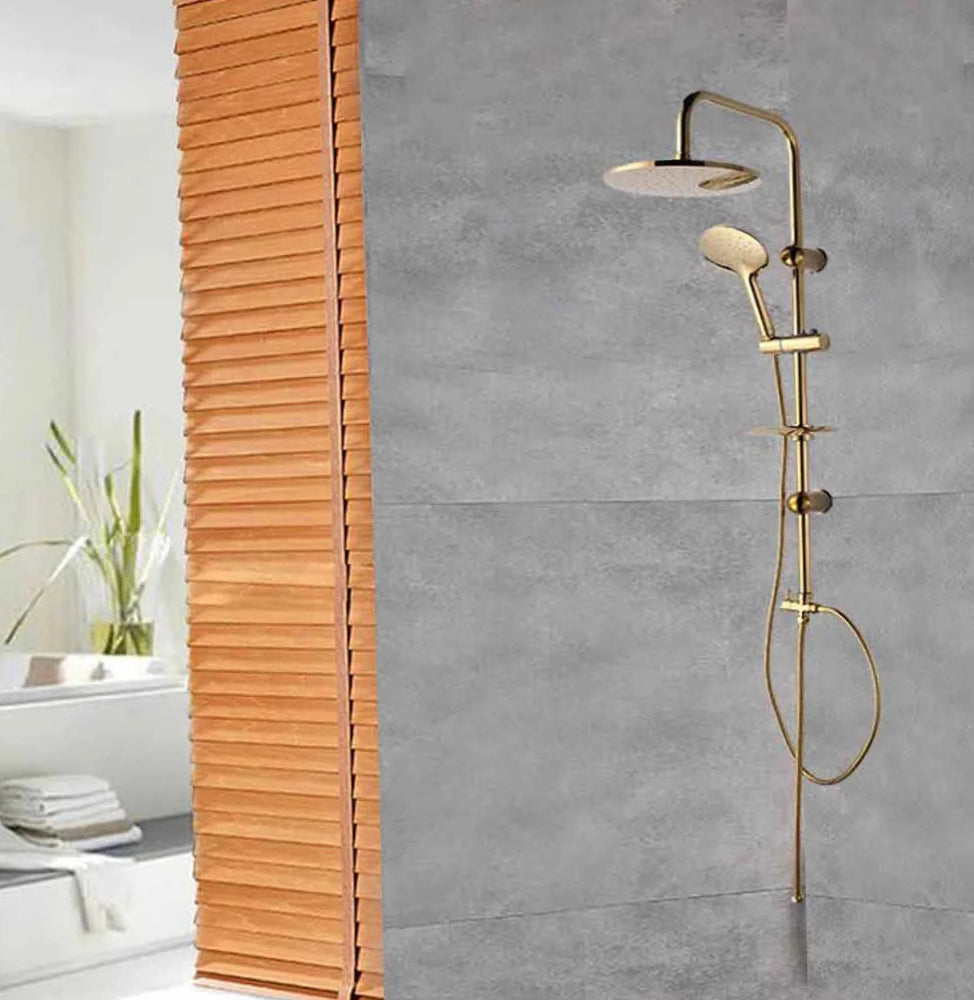 Colonna doccia saliscendi – soffione rotondo e portasapone oro - ambraled