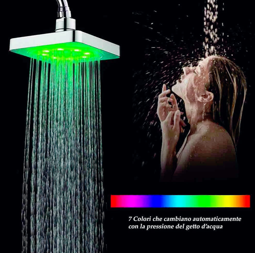 Soffione doccia quadrato 15x15 cm LED RGB per cromoterapia - ambraled
