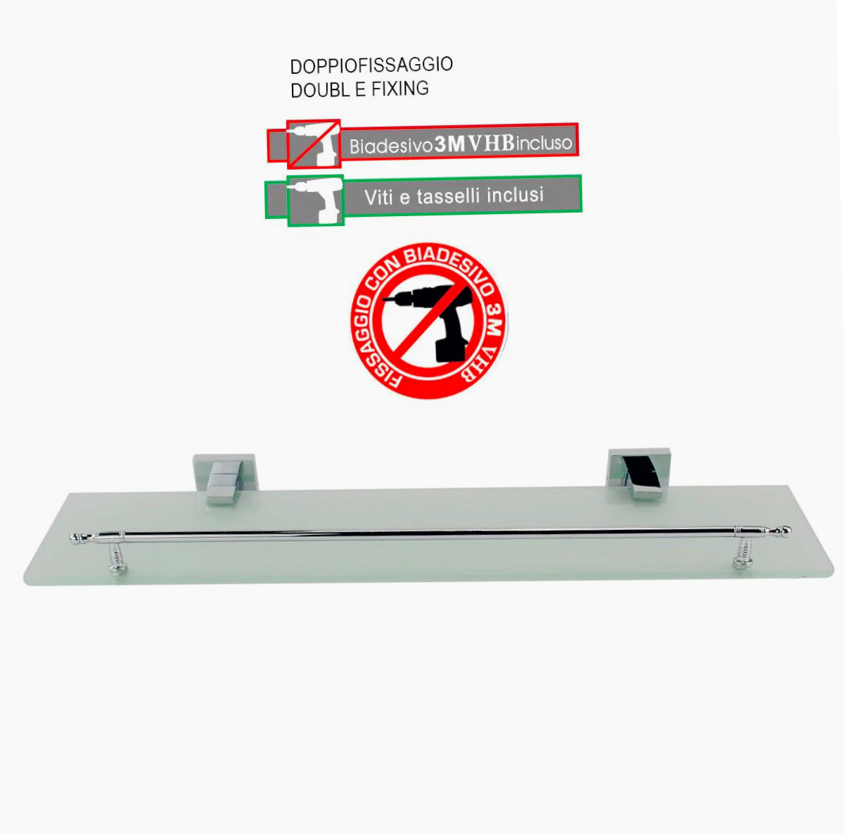 Mensola vetro satinato da bagno – reggimensola acciaio cromato - ambraled