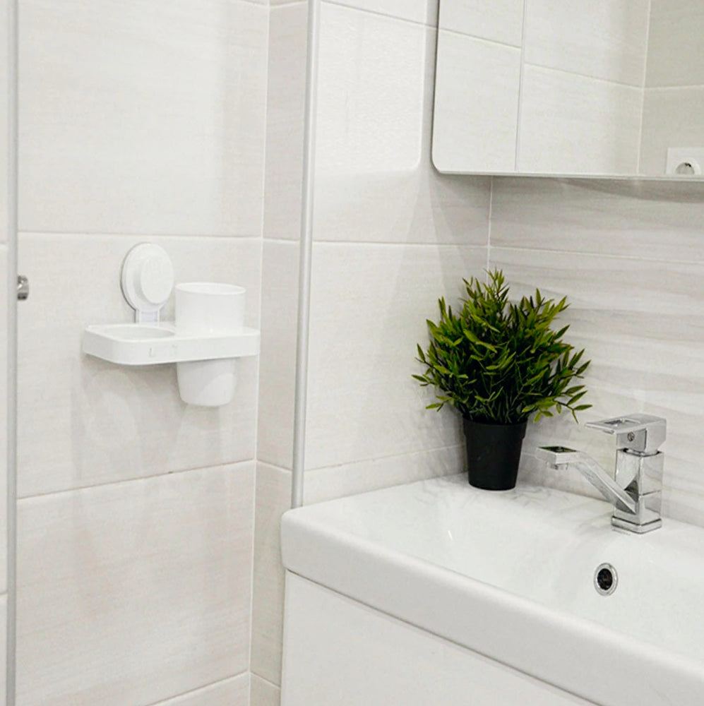 Porta phon a ventosa per bagno con porta bicchieri e supporto per spazzolini - ambraled