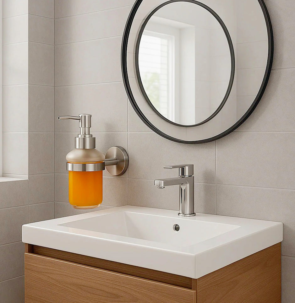 Dispenser sapone Aria – acciaio satinato e vetro satinato - ambraled