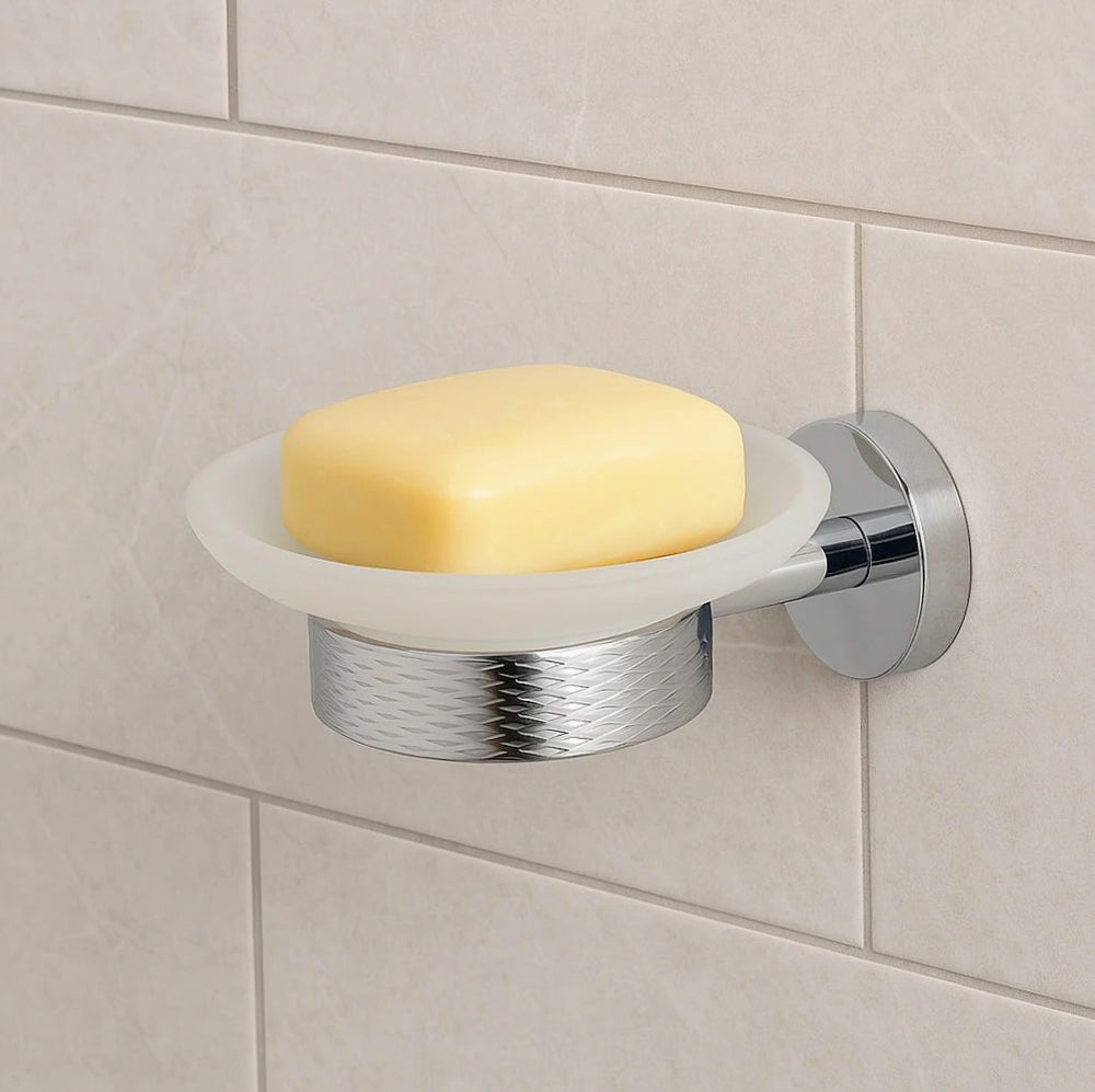Porta sapone in acciaio con piattino vetro satinato, modello Stella - ambraled