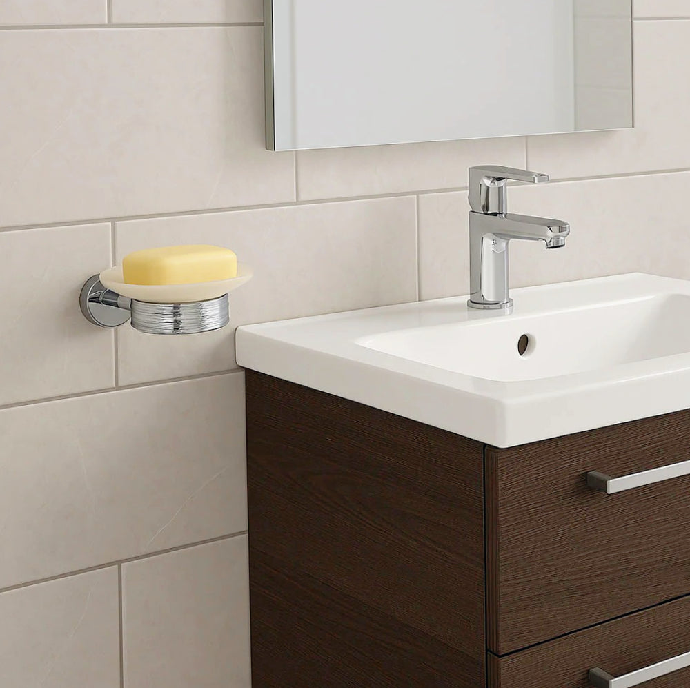 Porta sapone in acciaio con piattino vetro satinato, modello Stella - ambraled