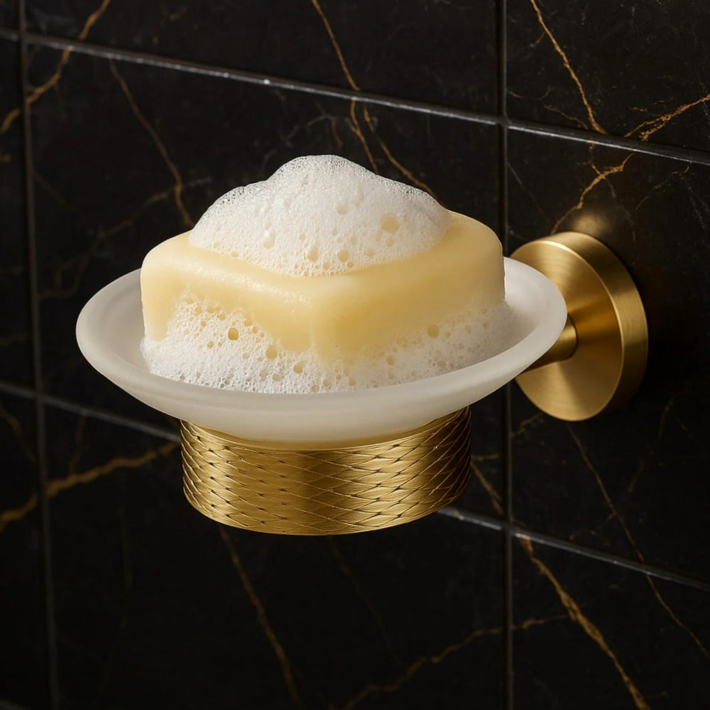 Porta sapone in acciaio dorato con piattino vetro satinato, modello Stella - ambraled