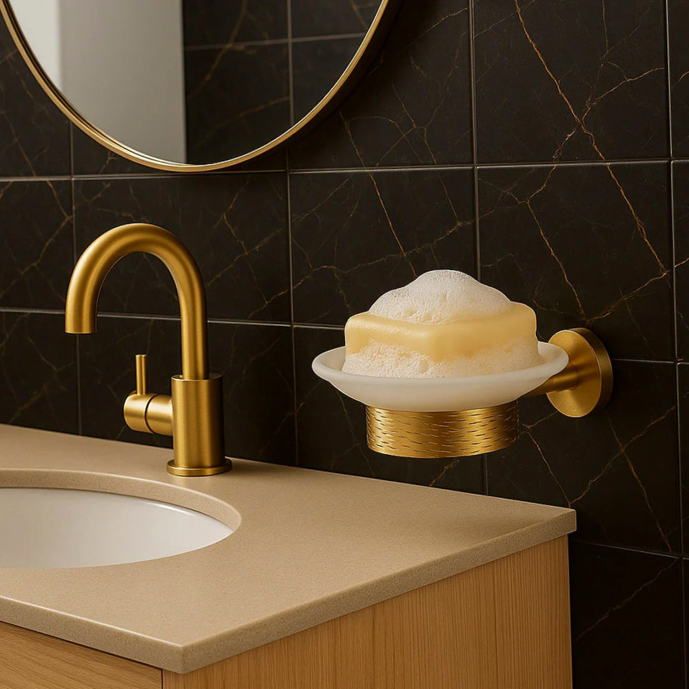 Porta sapone in acciaio dorato con piattino vetro satinato, modello Stella - ambraled