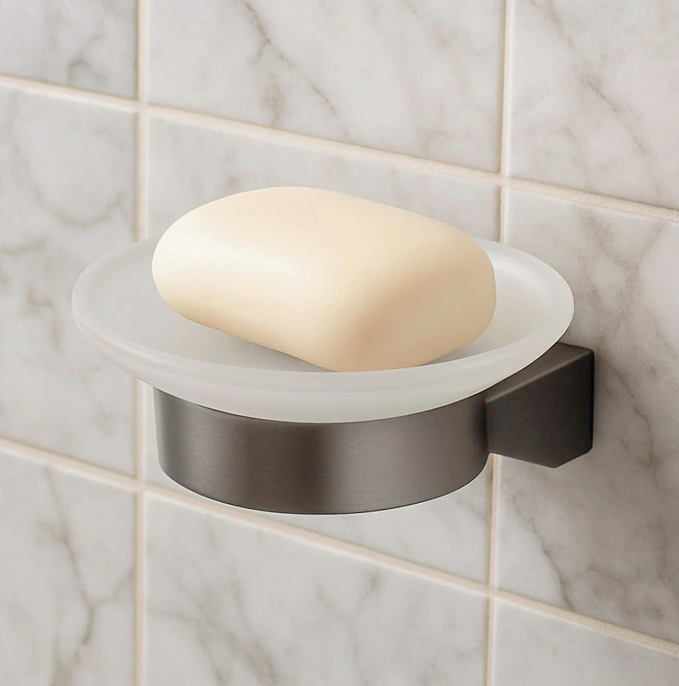 Porta sapone in acciaio stilizzato con piattino vetro satinato, modello Cromia - ambraled