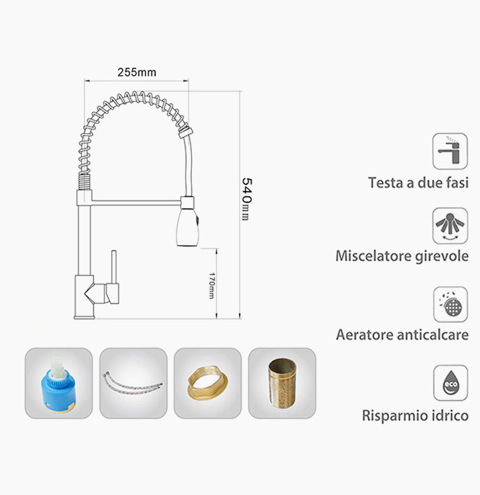 Rubinetto per cucina a canna alta con 2 getti d'acqua orientabile - design pratico e versatile