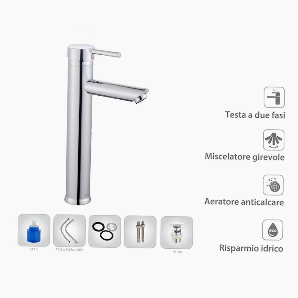 Rubinetto lavabo modello Ray Silver, canna alta cromato lucido - elegante e moderno