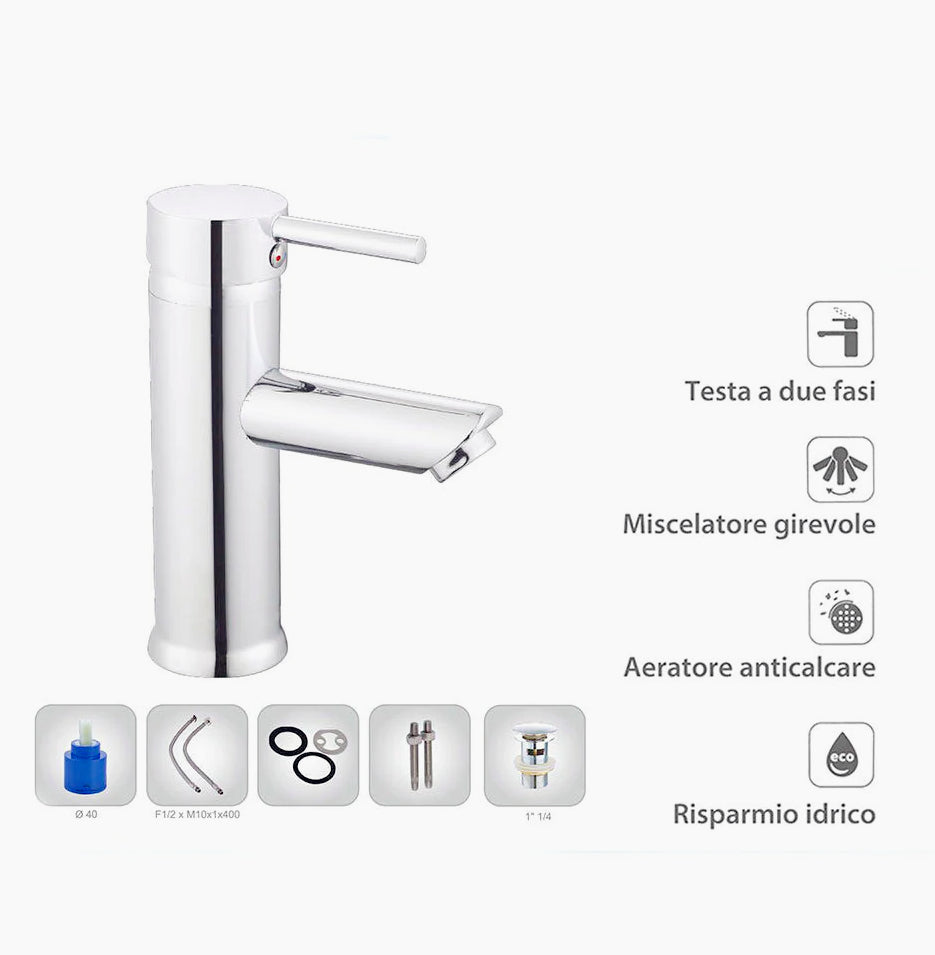 Rubinetto lavabo modello Ray Silver, canna bassa cromato lucido - elegante e moderno