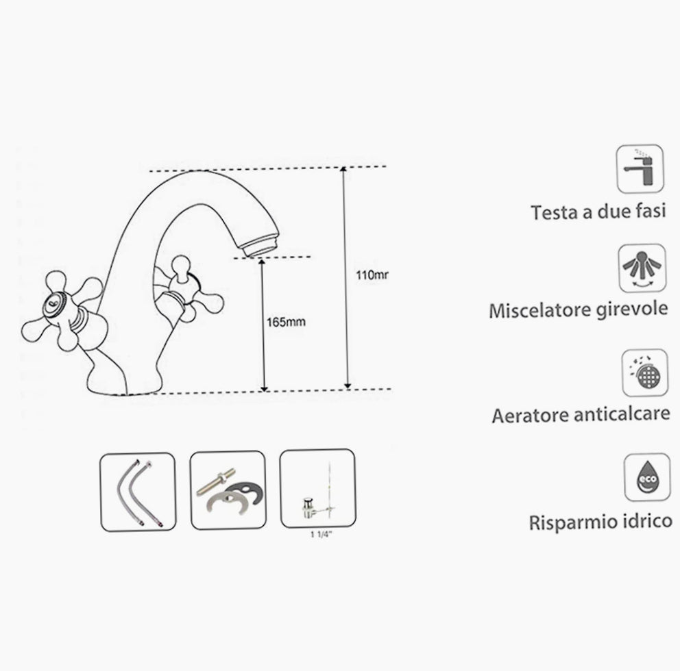 Rubinetto lavabo modello Roma, due manopole miscelatore - classico e funzionale