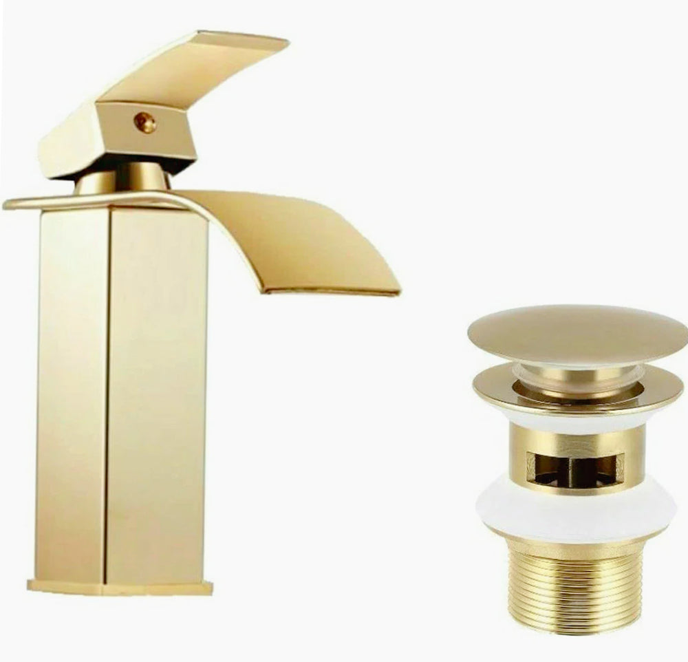 Rubinetto per bagno a canna bassa in oro, modello cascata - design lussuoso e moderno
