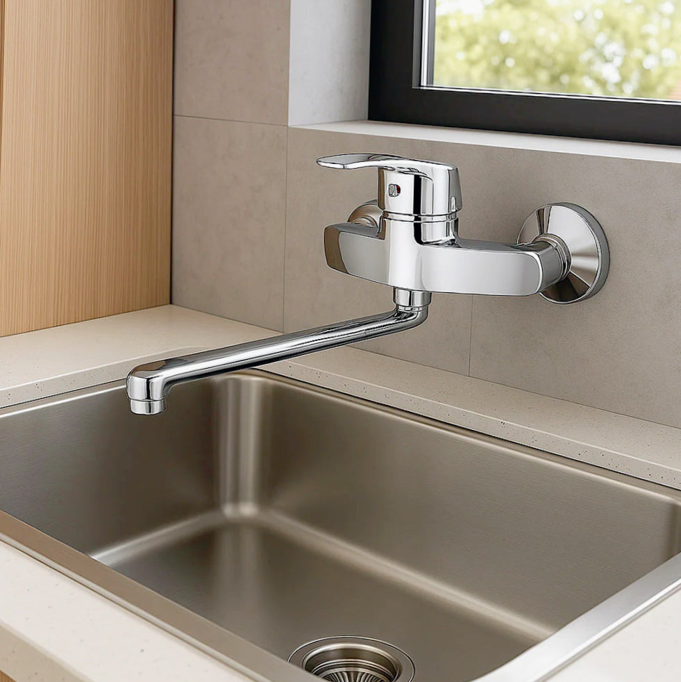 Rubinetto per cucina a parete miscelatore a canna lunga orientabile - design moderno