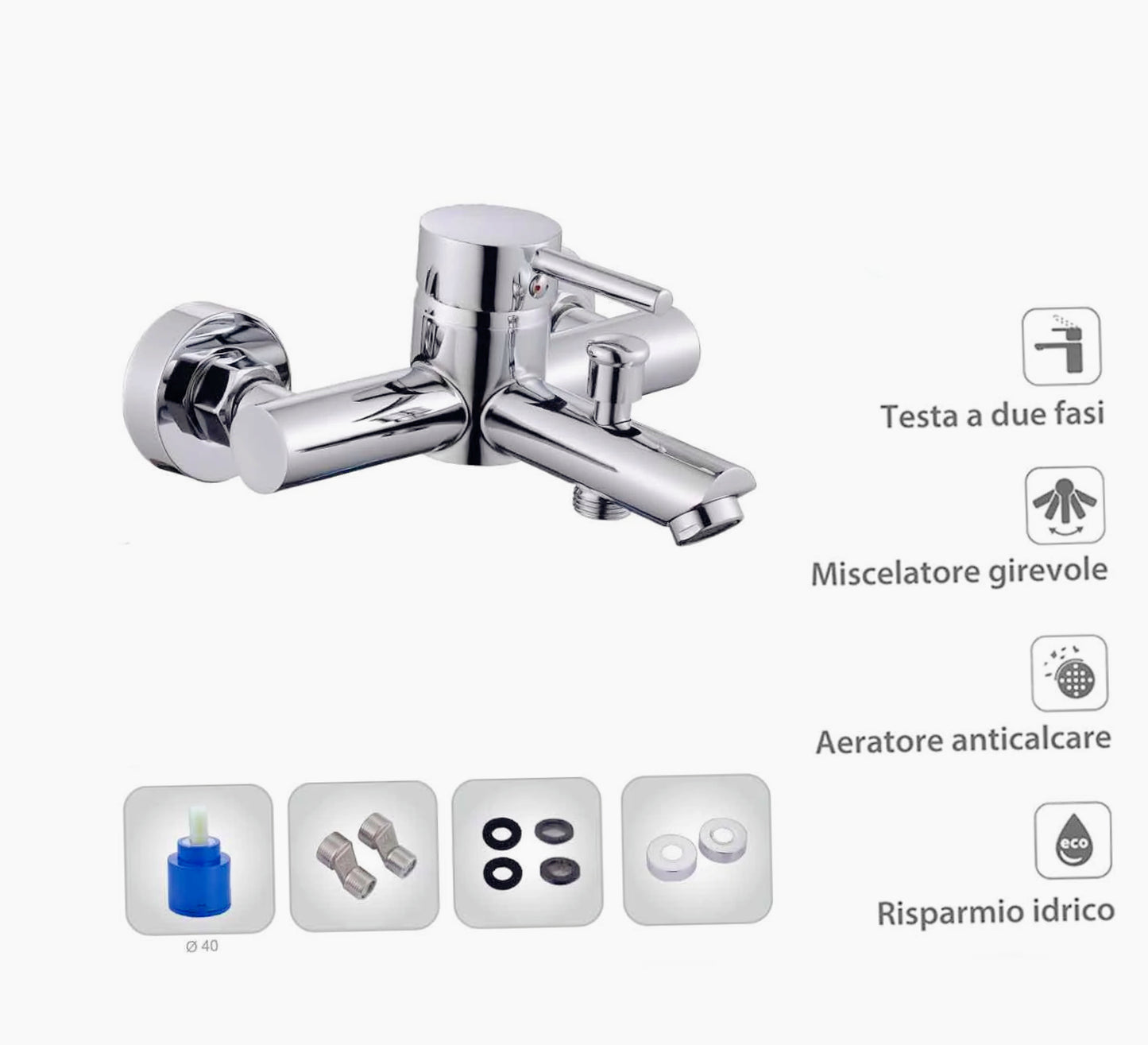 Rubinetto vasca da bagno cromato lucido Ray Silver - moderno e resistente